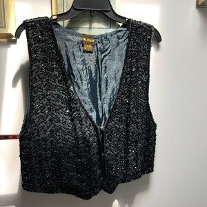 Black Sequin Beaded Vest! Silk! Vintage! Medium! Hook-n-eye front closure!